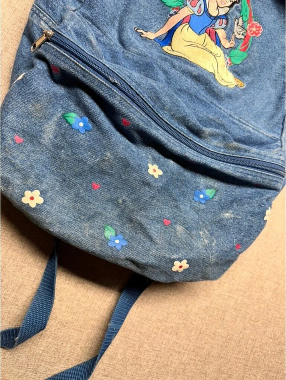 Vintage Disney Classics Snow White Denim Backpack Floral Print School Bag 90s